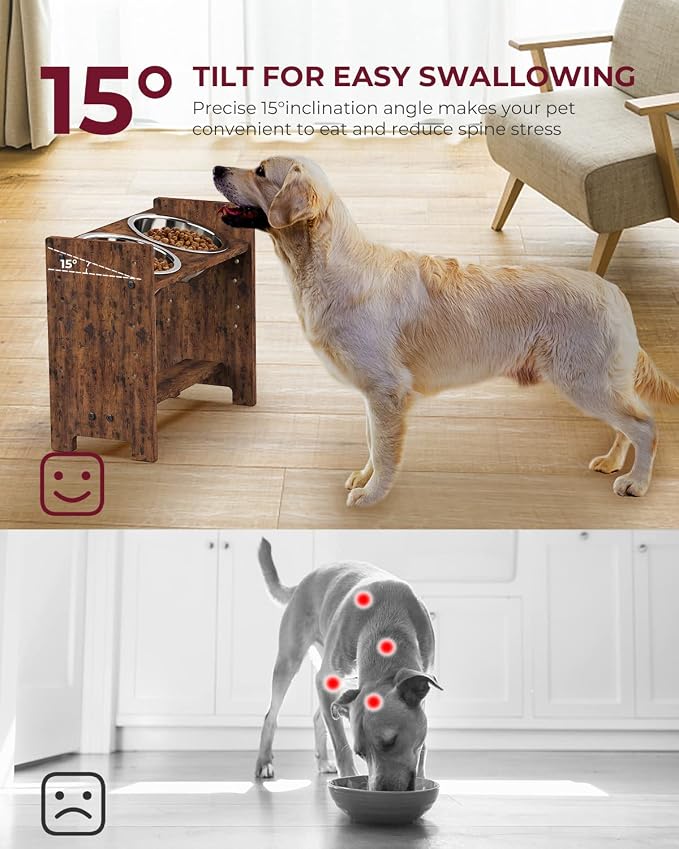 Elevated Dog Bowls, Adjustable Bowl Stand Medium, Rustic Brown | Particle Board Raised Dog Bowl Stand with 2 Stainless Steel Bowls for Medium Dogs