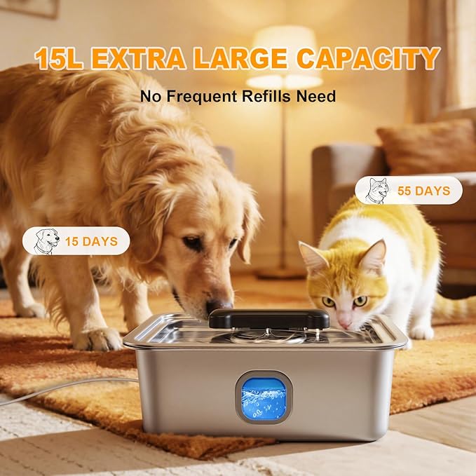 15L Water Fountain for Large Dogs,Ultra-Quiet Stainless Steel Dog Bowl Automatic Pump Drinking Dispenser with Filter Fountains,Indoor Auto Filters Pet Bowls for Cats with for Dog Multi-Pet