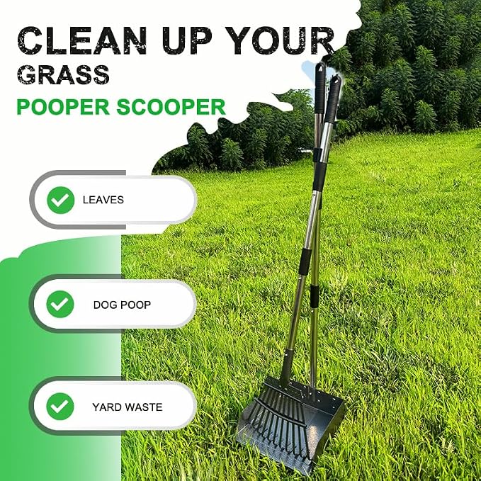 Pooper Scooper for Large Dogs, Dog Pooper Scooper Metal Tray and Rake。 | 9.4'' Large Tray and 8.26''Rake ,No Bending Clean Up,38" Long Handle Dog Poop Scooper for Grass, Gravel & Dirt.