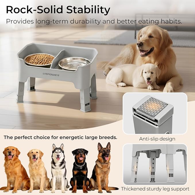 URPOWER Mess Proof Elevated Dog Bowls, Splash Guard Raised Bowl Stand | 4 Adjustable Heights, 2 Stainless Steel Bowls, Food & Water Separation, Foldable Design Non-Slip for Small Medium Large Dogs