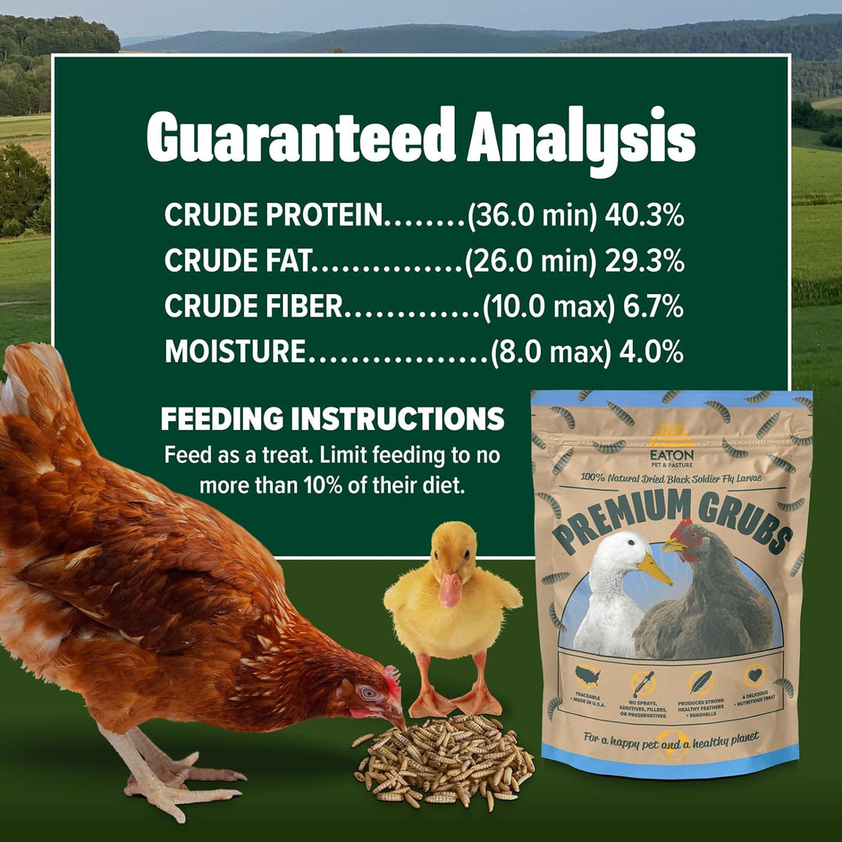 Eaton Pet and Pasture Premium Grubs, USA Grown Dried Black Soldier Fly Larvae, High Calcium Treat for Chickens, Ducks, Wild Birds (5 LB)
