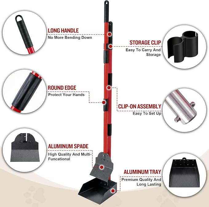 Pooper Scooper for Large Dogs, Adjustable Long Handle Metal Tray and Spade Poop Scooper for Dogs with Bin for Pet Waste Removal, No Bending Clean Up Pooper Scooper for Medium and Large Dogs,Red