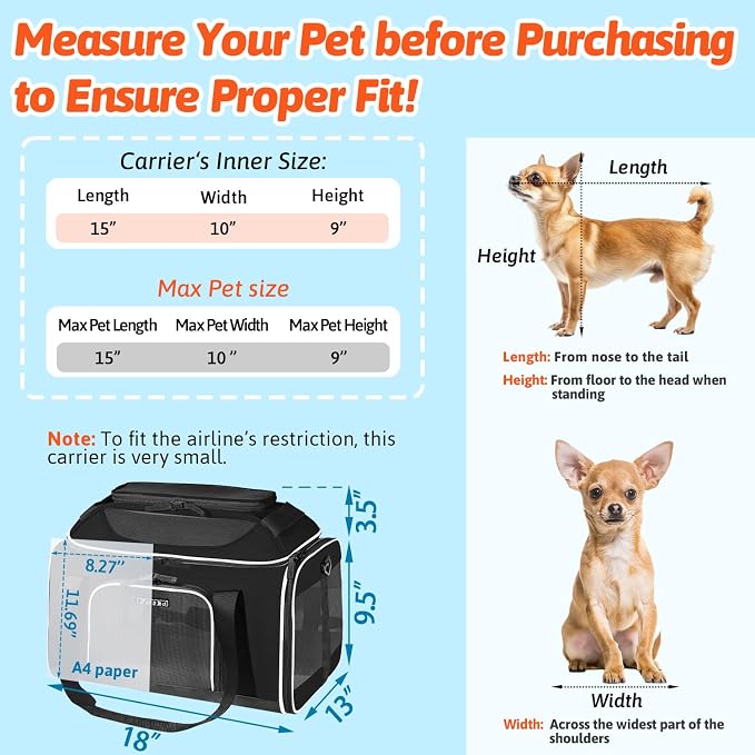 Petskd Top-Expandable Small Pet Carrier with Wheels(18" L x 13" W x 9.5" H), Southwest Airlines Approved, Rolling Pet Carrier for Small Dogs & Cats (Black)