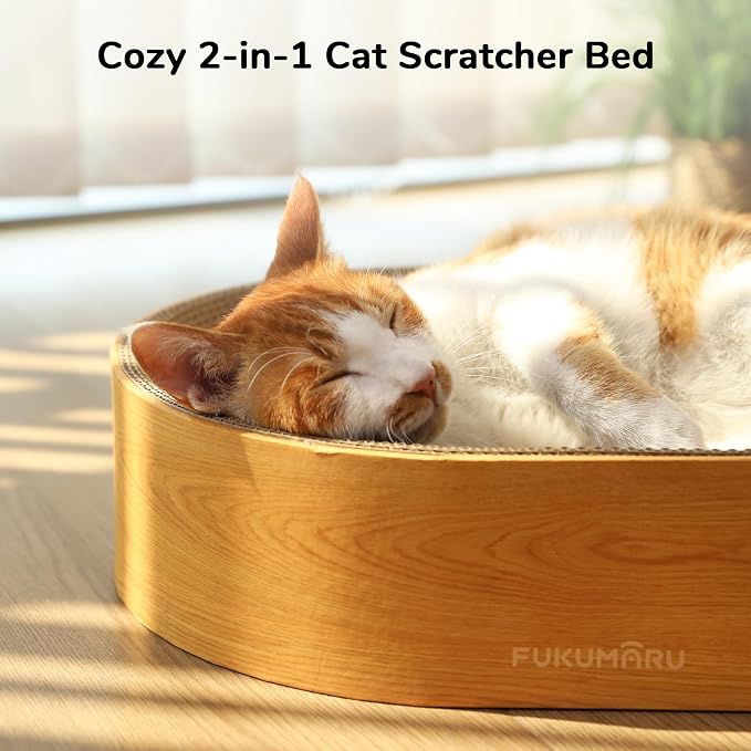 FUKUMARU Cardboard Cat Scratcher Bed, 2-in-1 Oval Cat Scratch Pad | Cats Scratching Board Lounge Bed Indoor, Durable Modern Kitty Scratcher Bowl, Cats Scratch Furniture Protector, Wood Color