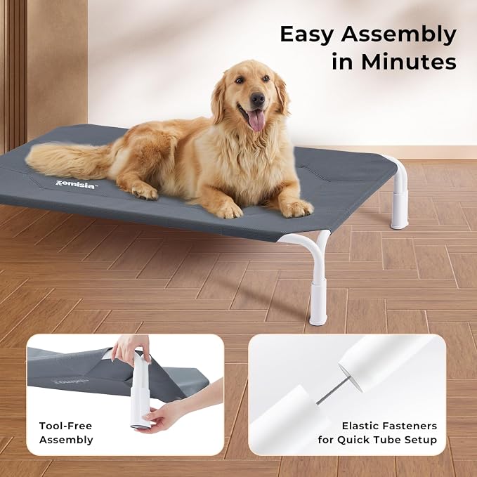 ZOMISlA Large Elevated Dog Bed Tool-Free Assembly, Folding Raised Dog Cot | Outdoor Raised Dog Bed with Waterproof Teslin Mesh, Cooling Portable Pet Hammock for Camping, For Dogs up to 90 lbs, Non Slip