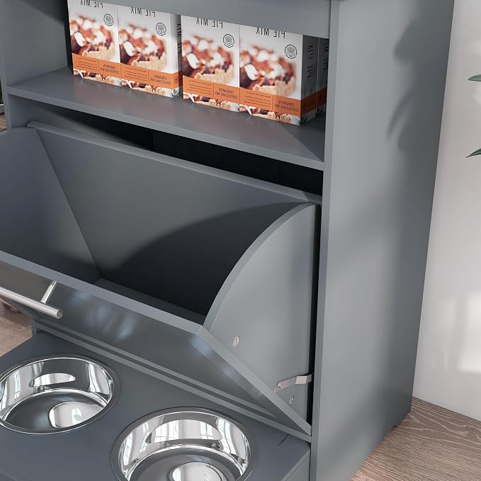 PawHut Dog Feeding Station with Raised Bowls, Pet Feeder Station, Gray | Dog Food Storage Cabinet, Hanger for Feeding & Watering Supplies
