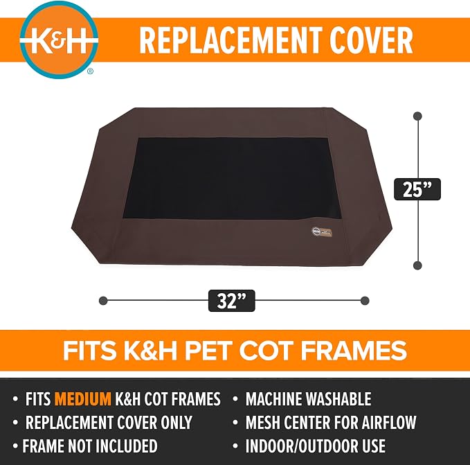 K&H Outdoor Elevated Dog Bed Pet Cot Replacement Cover, Medium, Chocolate | Designed to fit K&H Medium Pet Cots (Sold Separately), Indoor Outdoor Dog Bed, Breathable Mesh Center, Machine Wash, 32x25in