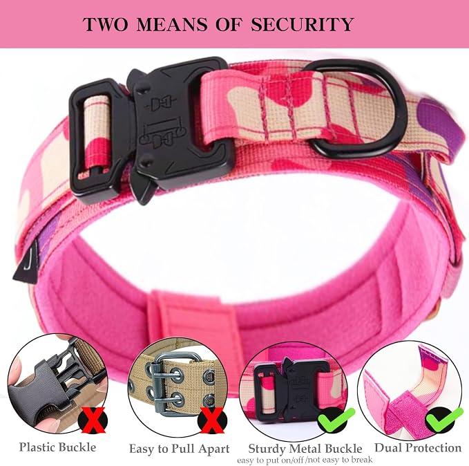Tactical Dog Collar for Large Dogs with Control Handle,Pink Camo,XXL | 1000D Heavy-Duty Nylon Fabric,Quick-Release Metal Buckle,Adjustable Fit,Soft-Padded Webbing,D-Ring,for Training & Hiking