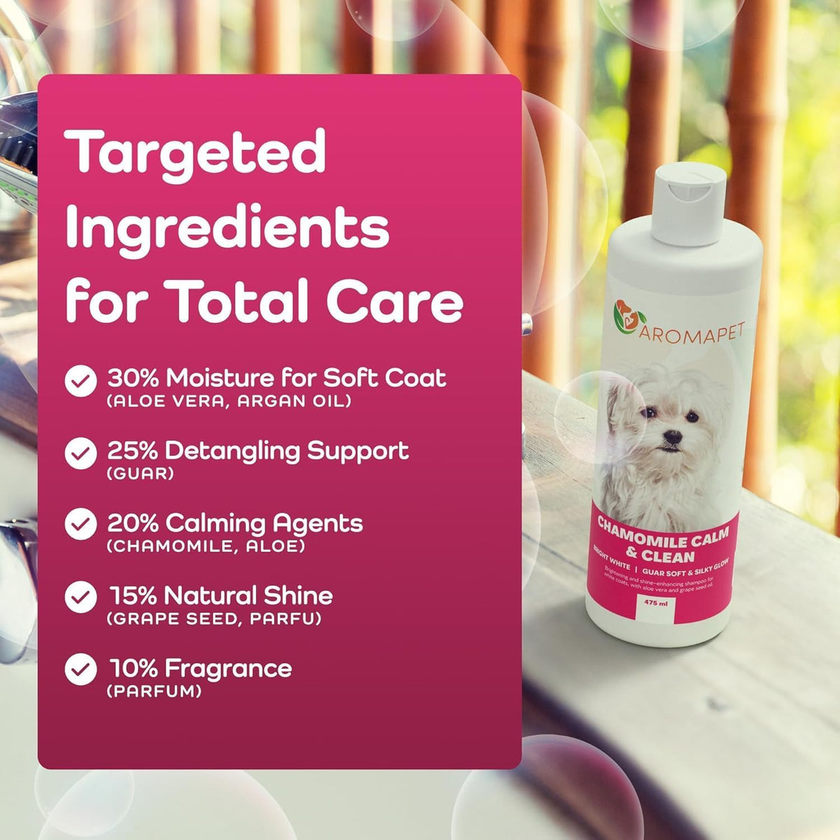 Chamomile Calm & Clean Dog Shampoo for White Coats - Deodorizing Dog Shampoo with Aloe, Argan Oil, Chamomile, Grape Extract - Great for Maltese, Gentle, Hypoallergenic. Soft & Silky Glow.