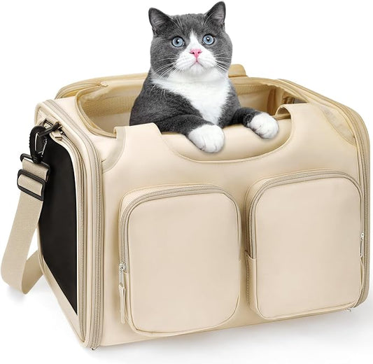 Dog, Cat Carrier for Pets Up to 12 Lbs, Airline Approved Collapsible Soft-Sided Pet Travel Bag with Locking Zippers, Breathable Mesh and 4 Large Pockets, Removable Fleece Pad (Beige)