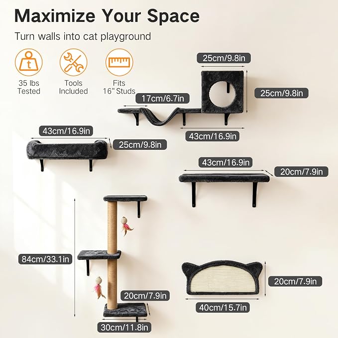 5-in-1 Cat Wall Shelves for Indoor Cats, Wall Mounted Cat Furniture Set with Bed, Perch, Hideaway Condo, Scratching Post & Scratcher, Cat Climbing Wall Playground, Space Saving Design, Black