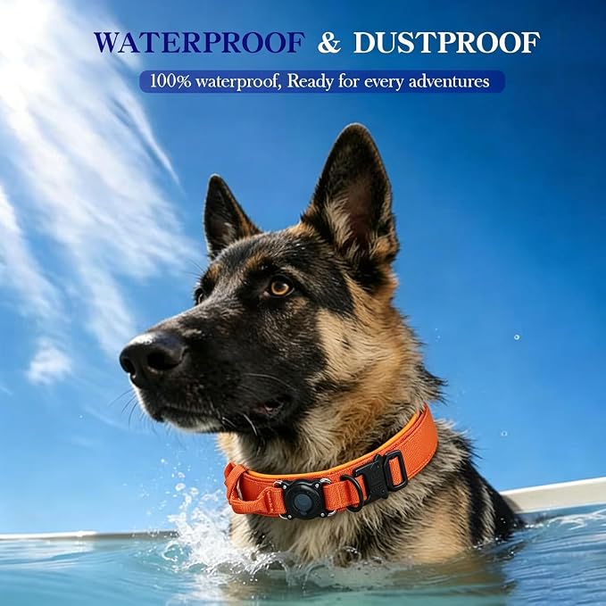 AirTag Dog Collar for Large Dogs Tactical Dog Collar with AirTag Holder | Upgrade Waterproof,Control Handle,Quick-Release Metal Buckle,1000D Nylon Fabric,Soft-Padded Webbing,Velcro Patch(Orange,XXL)