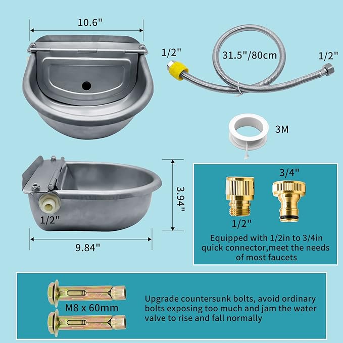 Automatic Animal Drinking Water Bowl, 304 Stainless Steel Waterer for Dog Horse Goat Pig Cow, Livestock Water Trough Dispenser with Pipe Hose, 2 Float Valves, Quick Connecter, Expansion Bolt