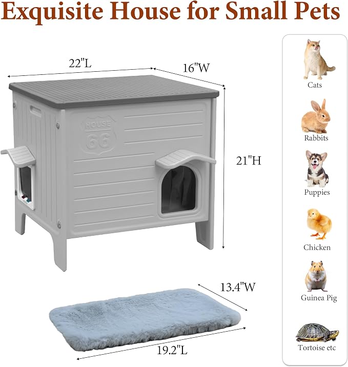 Cat House Outdoor with Cat Mat Weatherproof Plastic Cats Shelter Outside | with Escape Door, Weatherproof Waterproof Cat House Indoor Outdoor