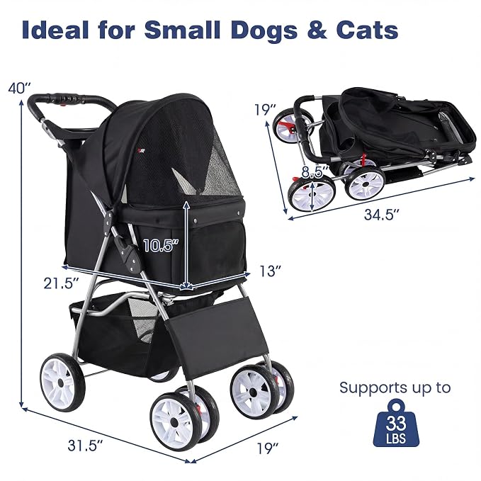 Giantex Foldable Pet Stroller for Small Dogs & Cats, Lightweight Dog Stroller with Lockable Wheels, One-Hand Quick Fold, Adjustable Canopy, Safety Leash & Storage Basket, Pet Travel Stroller, Black