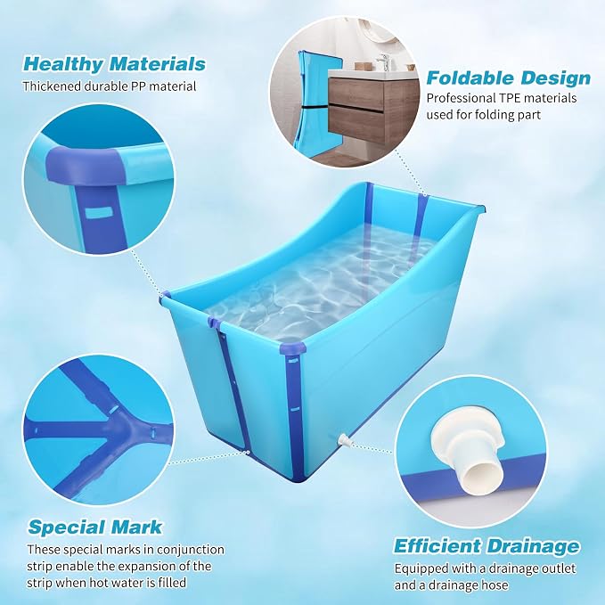 YUEPET Dog Bathtub for Large Dogs, 49 Gallon Foldable Bath Tub, Blue | Bathtub for Dogs, Extra Large Dog Fit, PP & TPE Build, Drain Plug and Hose, Folds for Storage, Blue