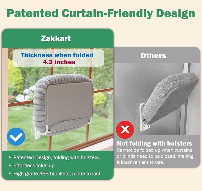 Zakkart SnugCloud Foldable Cat Window Perch - Cordless, Ultra Soft Machine Washable Bed with 4-Sided Bolster, Metal Frame - Window Hammock for Large Cats and Kittens (Gray, Large)