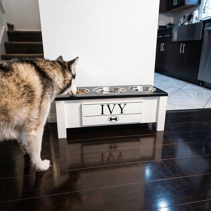 3 Bowl Dog Feeding Station, Personalized Triple Bowl Food Stand Medium Dogs | Farmhouse Style, Elevated Wood Stand, Storage Container, Stainless Steel Bowls, Raised Anti-Slip Feeder, Made in USA