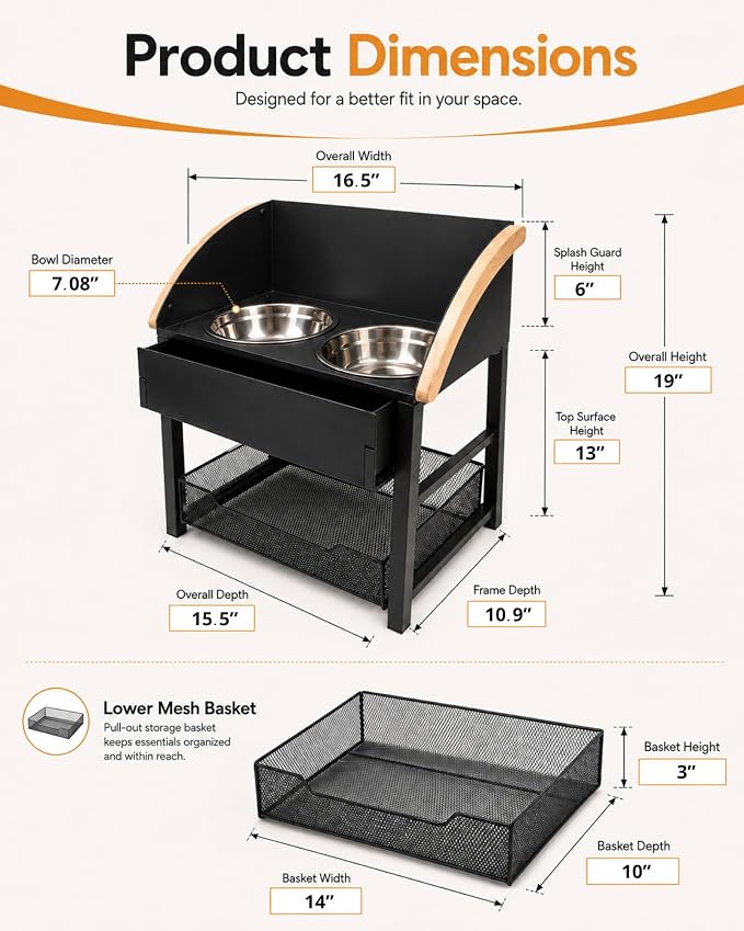 Elevated Dog Bowls for Large Breed Dogs with Storage Basket, 13 Inch Tilted Raised Dog Bowl Stand with Stainless Steel Bowls, Metal Dog Feeding Station