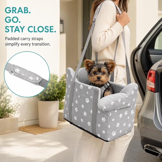 Center Console Dog Car Booster Seat for Small Dogs 0-15 lbs - Grey Pet Travel Carrier Safety Leash, Detachable Seat Belt & Storage Pockets