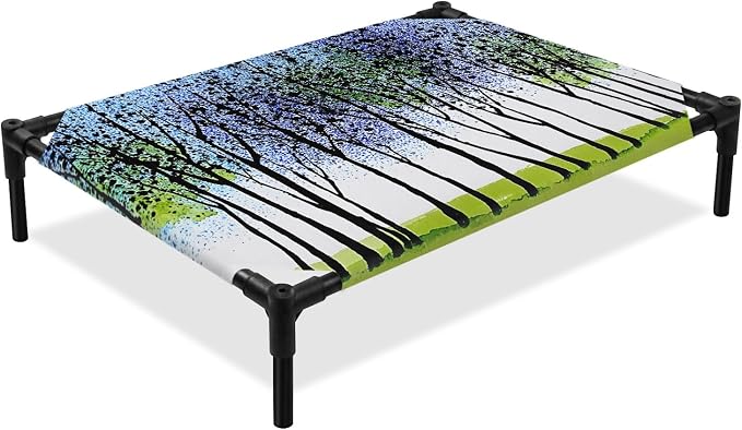 Outdoor Elevated Dog Bed for Large Dogs, Blue Green Forest Breathable Cooling Raised Dog Cot for Indoor/Outdoor, Modern Nature Tree Branch Landscape Waterproof Elevated Pet Beds, L 28 x 22 in