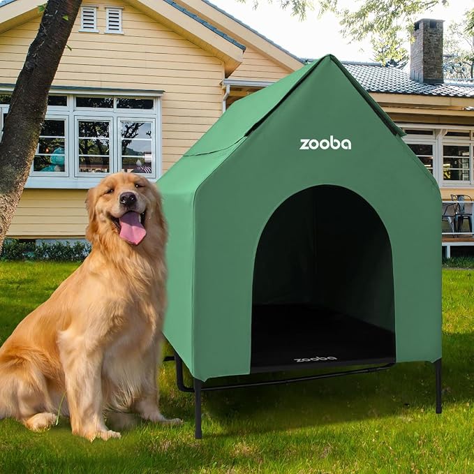 Zooba 48in XL Dog House Outdoor, Elevated Dog Bed with Canopy, Green | Weather-resistant 600D PVC canopy, breathable 2x1 Textilene elevated bed, steel frame; indoor or outdoor; easy to clean