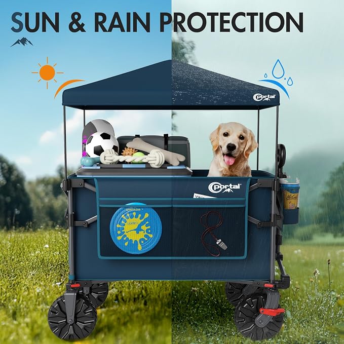 Portal 350L Collapsible Wagon Cart with Removable Canopy, 270LB Folding Utility Cart with Rear Door for Pet, Camping, Beach, and Outdoor Adventures