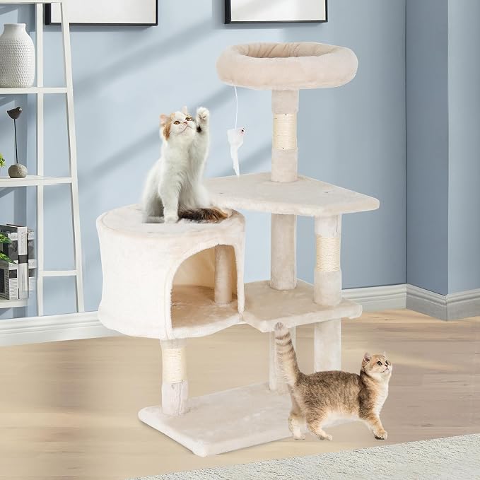 FDW | 36" Cat Tree Tower | Beige | Multi-Level Indoor Activity Center with Sisal Scratching Posts, Condos, Plush Perches, Hanging Cat Toys | Sturdy, Easy to Assemble | for Kittens & Adult Cats