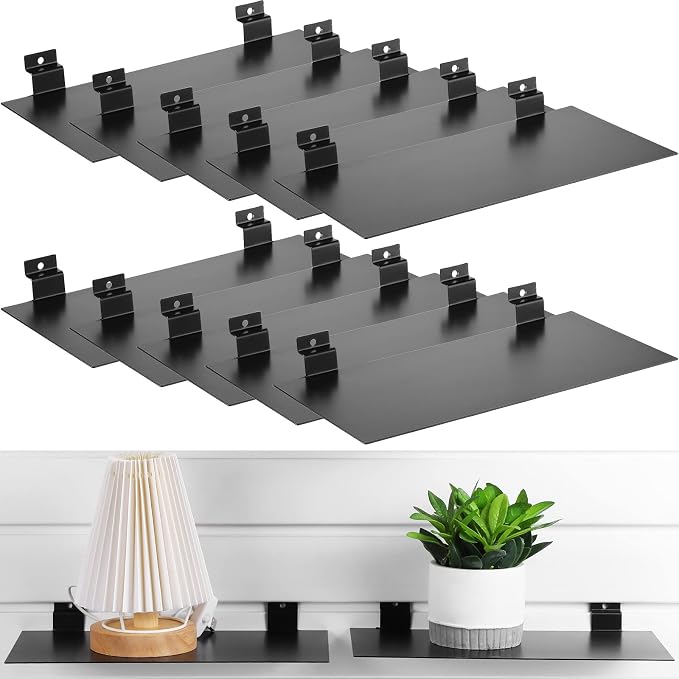 LEIFIDE 10 Pcs Metal Slatwall Shelves, 12 x 6 Inch Hanging Flat Slat Wall Shelf Accessories for Slatgrid Panel, Heavy Duty Slatwall Organizer for Retail Display Vendor Shoes Shop Garage Supplies