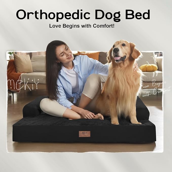 Orthopedic XL Dog Bed with Bolster for Extra Large Size Dogs | Pillow Support for Neck Relief, Egg Crate Foam, Skin-Friendly Surface, Waterproof Liner, Anti-Slip Bottom, 42 x 30 Inch