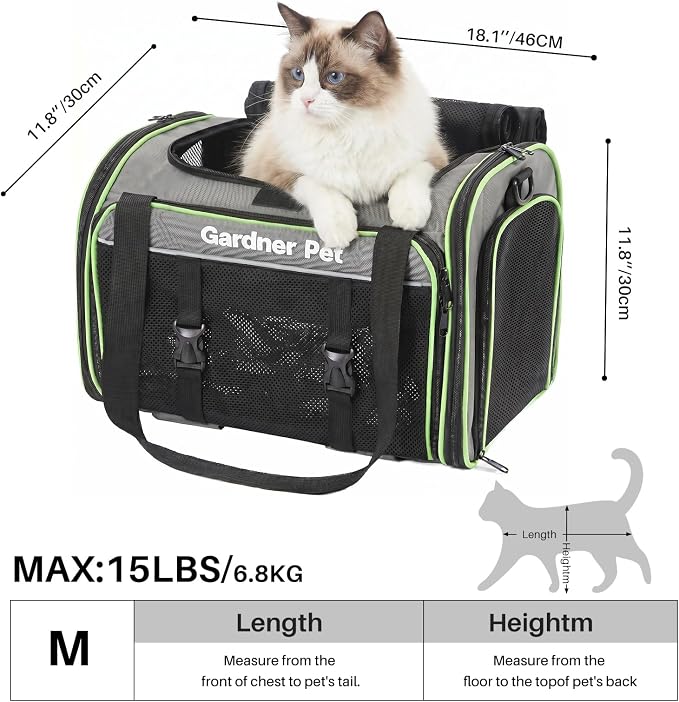 Gardner Pet Expandable Cat Carrier Airline Approved (18x12x12 in), 2-Side Square Extension Pet Travel Carrier for Medium Cats up to 15 lbs, Mesh Soft-Sided Cat Carrier Bag