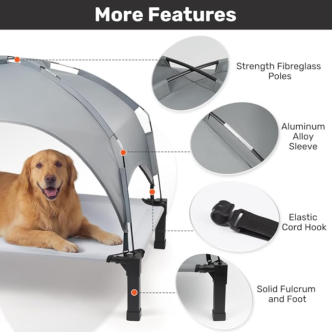 Elevated Dog Bed with Removable Canopy, Sun Protection Shade Tent Dog Cot | Portable Outdoor Dog Bed, Raised Pet Cooling Cot Bed for Dogs, 42in