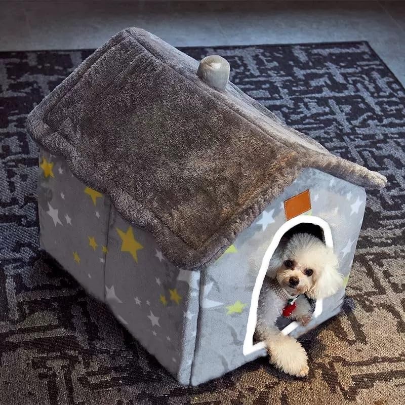 Scnbom Dog House Indoor Puppy Cave Cat Nest Kennel Pet Bed Portable Memory Sponge Foldable Houses with Cushion (Grey, S:Size fits 3.5kg/8lbs (Pets))