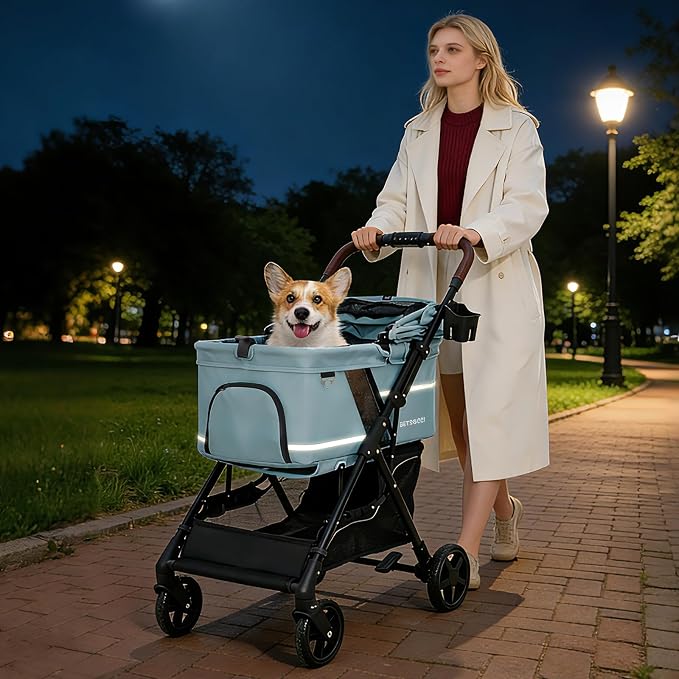 No-Zip Pet Stroller for Small Dogs & Cats, 44 lb, Light Blue | No-Zip Canopy, 44 lb Capacity, Reflective Trim, 2 Tethers, Lockable Front Wheels, Rear Brake and One-Hand Fold