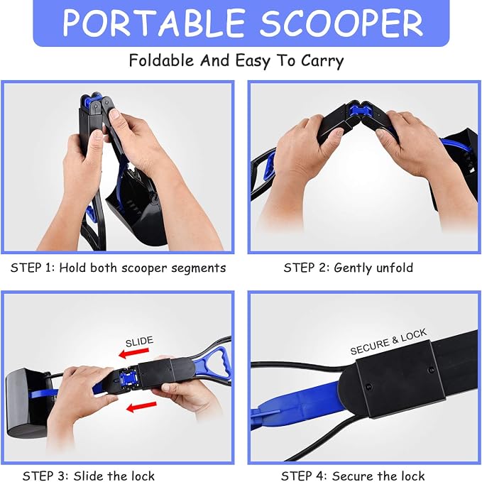 UPSTONE Folding Pets Pooper Scooper Set for Dogs with Poop Bags Waste Pick up Best Long Handle Scoop Easy to use Portable and Heavy Duty with Jaw Claw Bin (23.5 inches) Blue.