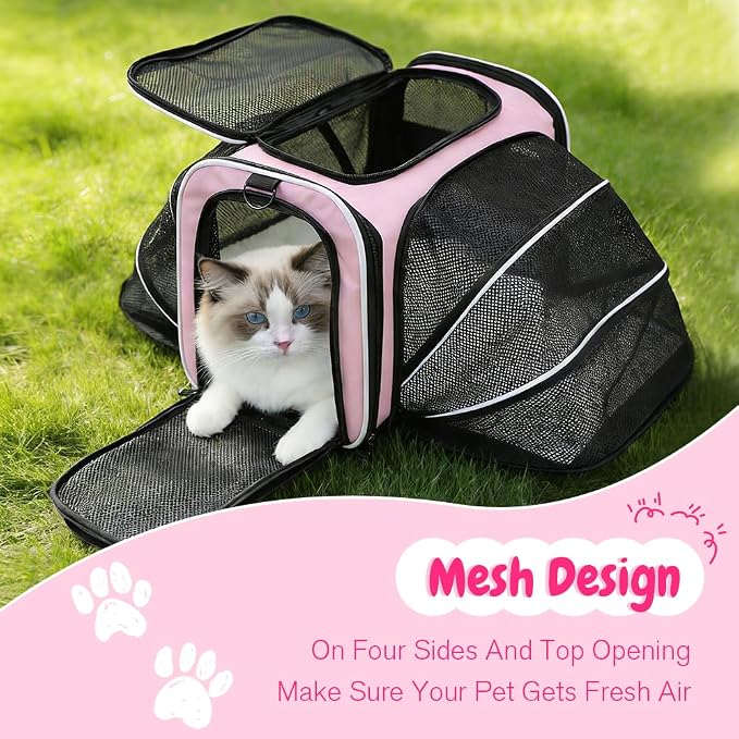 Double Expandable Cat Carrier,Airline Approved Soft-Sided Pet Travel Carrier for Small Dogs Cats under 15 lbs,Waterproof 600D Oxford Fabric with Washable Replacement Liner,Odor-Free & Claw-Proof(Pink)