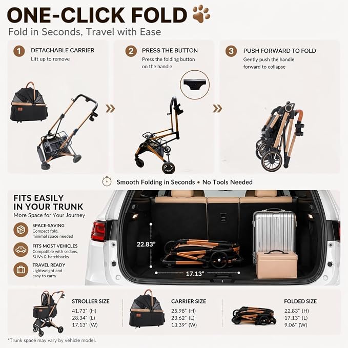 6-in-1 Foldable Dog Stroller for Small to Medium Dogs & Cats | Frame Supports up to 50 lbs, Luxury Black & Gold Pet Stroller with Detachable Carrier, Foldable Travel Stroller, 360° Wheels