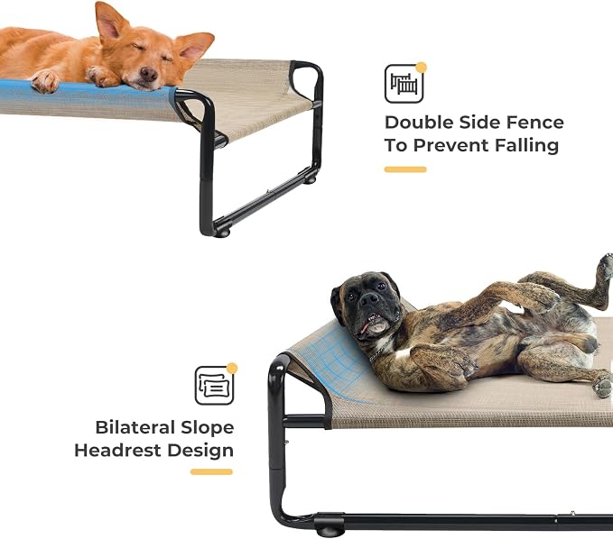 Veehoo Outdoor Elevated Dog Bed, Cooling Raised Dog Beds for Large Dogs | Washable Dog Cot with Headrest Sides, Non-Skid Feet, Breathable Mesh, Cooling Pet Hammock for Indoor or Camping, 59", Beige