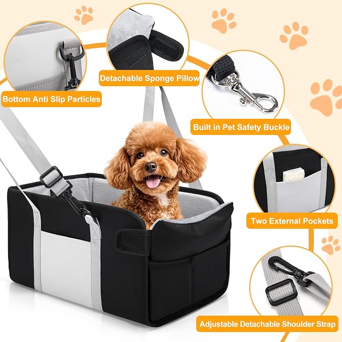 Portable Dog Car Seat for Small Dogs, Puppy Car Seat, Black&White | Booster Seat With Safety Leash & Adjustable Straps Keeps Small Dogs Secure. Removable Washable Cushion. Fits Most Cars.