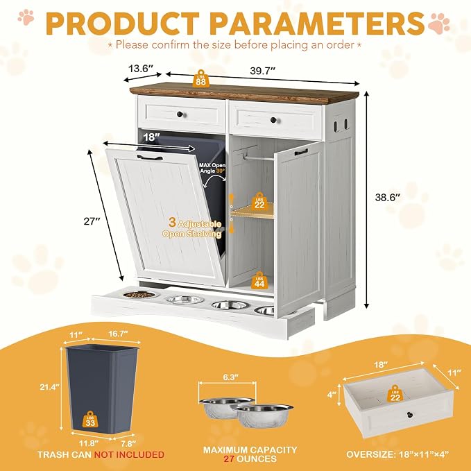 39.7’’W Dog Feeding Station, Tilt-Out Dog Food Cabinet for Multi-Pets, Pet Feeder Station with 4 Feeding Bowls, Dog & Cat Storage Organizer with Hanging Rod, (White, Dual Doors)
