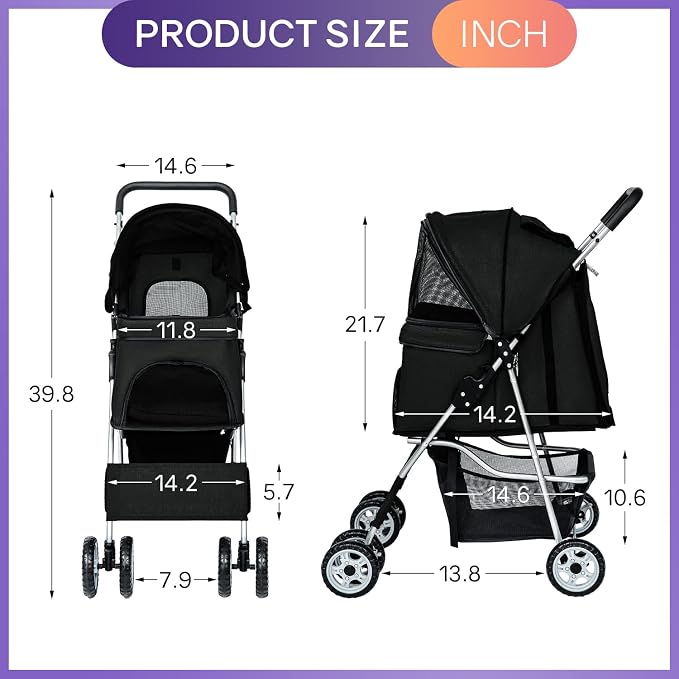 BestPet Pet Stroller Dog Cat Jogger Stroller for Medium Small Dogs Cats Folding Lightweight Travel Stroller with Cup Holder (Black, 4 Wheels)