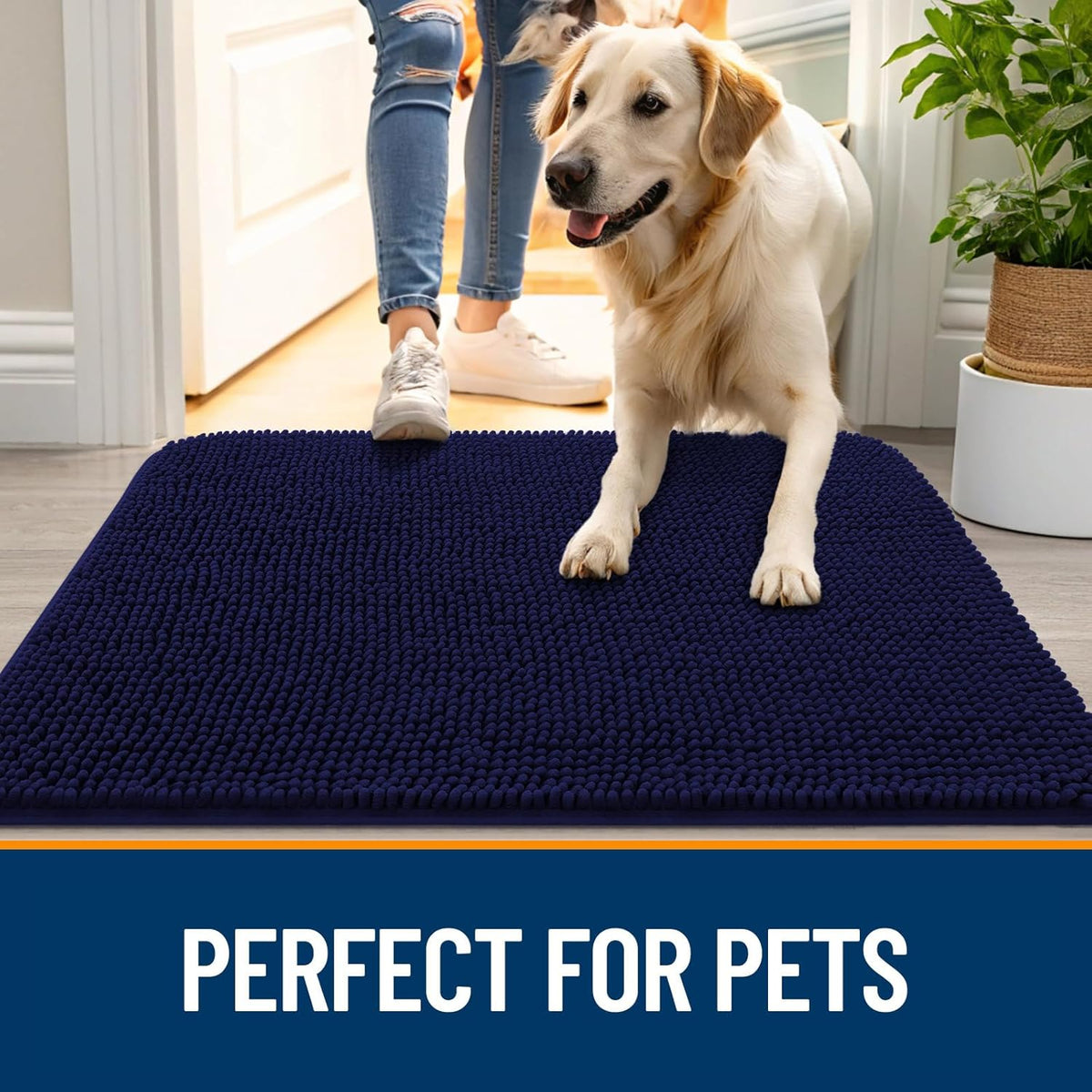 OLANLY Dog Door Mat for Muddy Paws 48x30, Absorbs Moisture and Dirt, Absorbent Non-Slip Washable Doormat, Quick Dry Chenille Mud Mat for Dogs, Entry Indoor Entryway Carpet for Inside Floor, Navy Blue