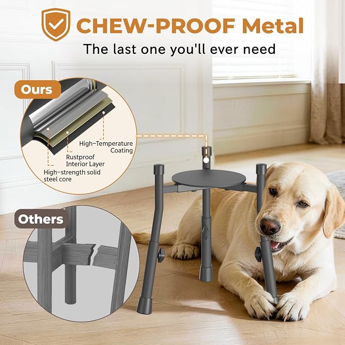 Elevated Dog Bowl Stand for Large Medium Breeds, Extra-Stable Food Feeder | Adjustable Size 4 Heights Width 6-10in, Anti-Tip Metal Raised Water Dish Holder, Non-Slip Tall Single Lifted Riser