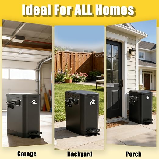 Dog Poop Trash Can Outside,3Gal Metal Outdoor Trash Can,Outdoor Dog Poop Trash Can with Lid for Odor Control - Includes Poop Scooper for Dogs & Bin Bag Holder (Black)