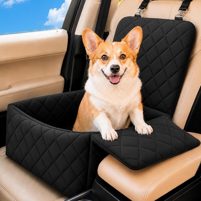 Dog Car Seat with Foldable Armrest for Small/Medium Dogs, Pet Travel Bed (Black)