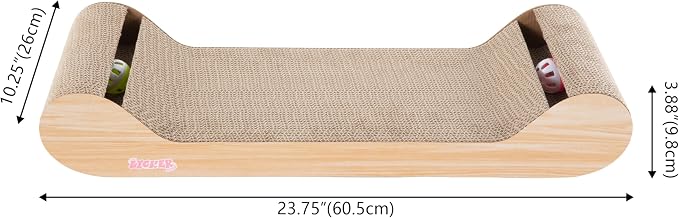 Rini 23.75" Modern Cardboard Cat Scratcher Lounge Bed with Built-in Bell Toys and Catnip, Ergonomic Curved Sofa Design, Oak Wood Finish, Set of 2 CSR1003C-SET2