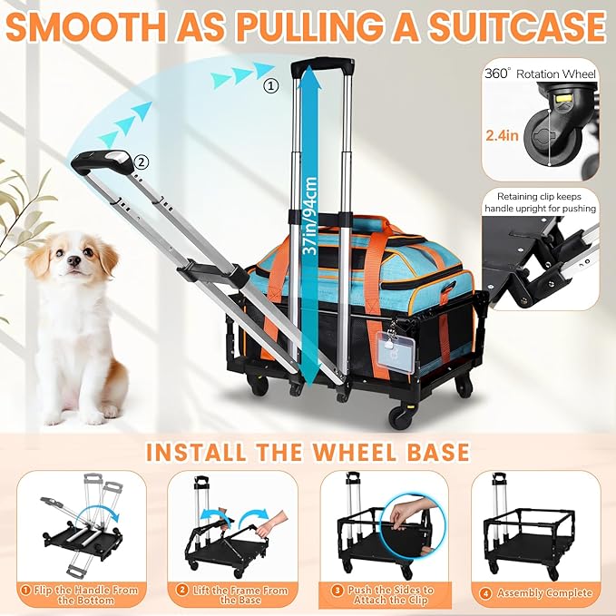 Petskd Top-Expandable Small Pet Carrier with Wheels (19" L x 13" W x 9" H), Southwest/Allegiant Airlines Approved, Rolling Pet Carrier for Small Dogs & Cats (Black)
