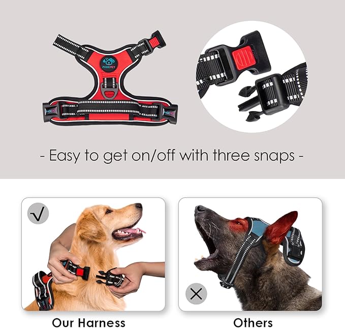 Reflective Dog Harness Large Breed Adjustable No Pull Vest | with Handle 2 Metal Rings 3 Buckles [Easy to Put on & Take Off](L, Red)