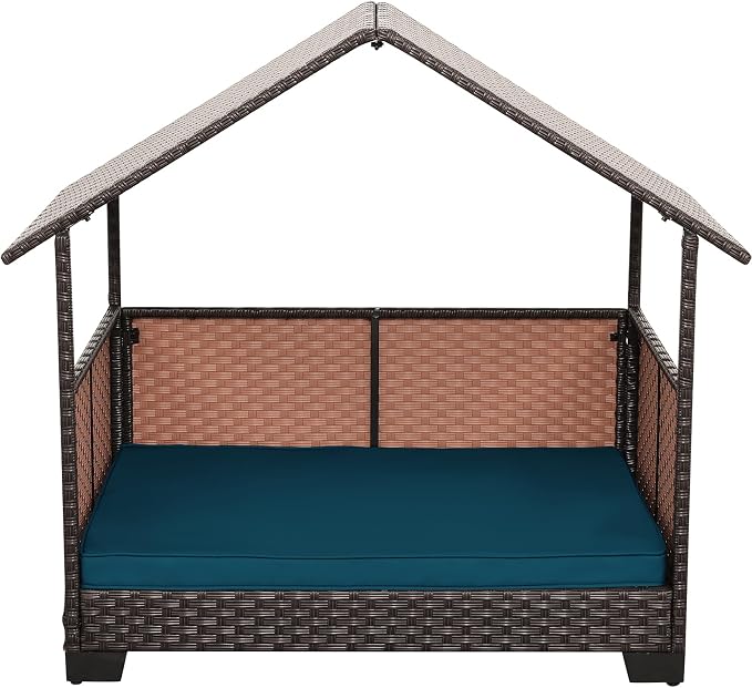 HDPE Wicker Dog House for Medium/Big Dogs 39x30x41in, Outdoor Dog Bed House with Canopy and All-Weather Non-Slip Dog Cot Cushion, Oversize Rattan Dog Bed Shelter and Pet Cabana, Brown