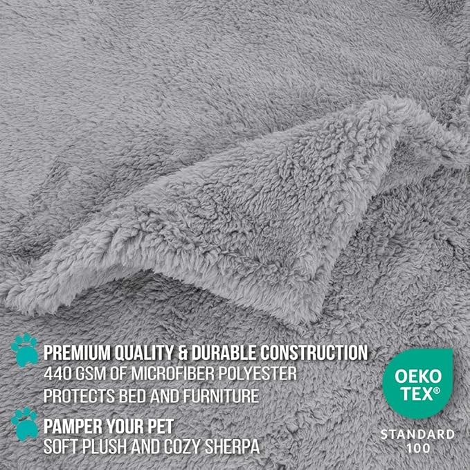 PetAmi Fluffy Waterproof Dog Blanket for Bed Large Dogs, Soft Warm Pet Sherpa Throw Pee Proof Couch Cover, Reversible Cat Blanket Sofa Crate Kennel Protector, Washable Mat Queen (Light Grey, 90x90)